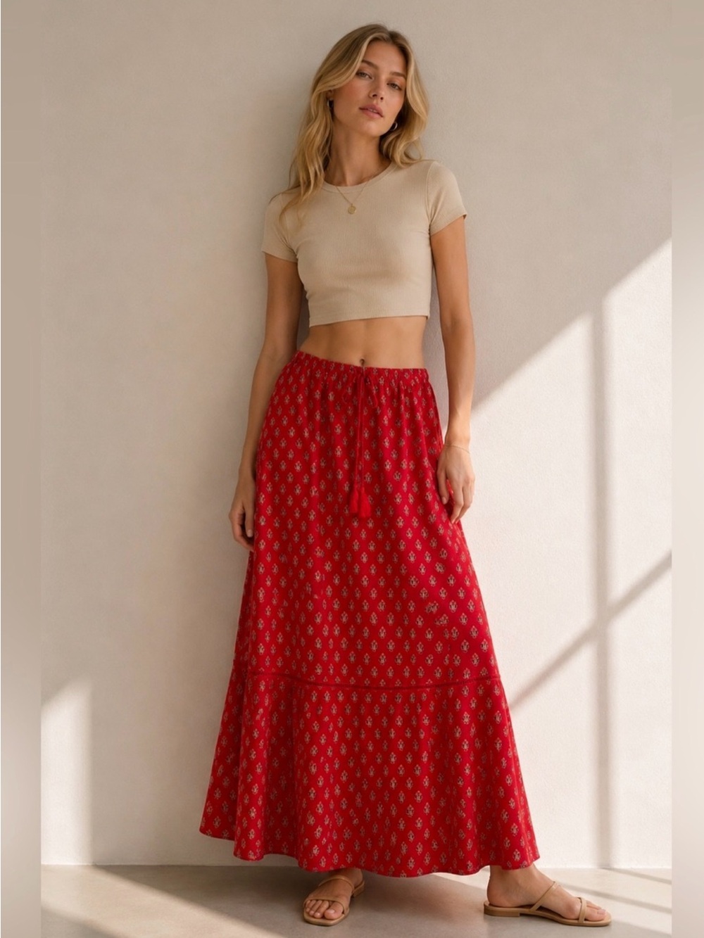 Red Printed Maxi Skirt with Tassel Drawstring Pockets Size XS